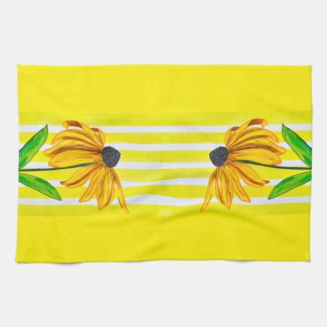 Bright Sunflower & Yellow Striped Decorative Tea Towel (Horizontal)
