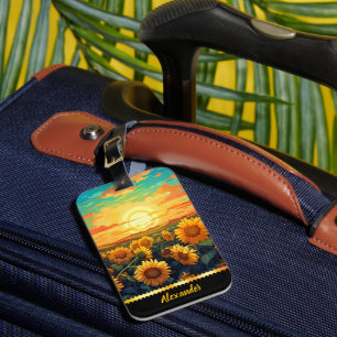 Bright sunflowers in golden sunlight luggage tag