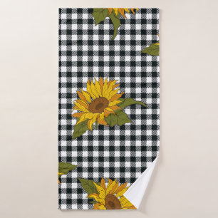 Bright sunflowers on a black and white buffalo che bath towel
