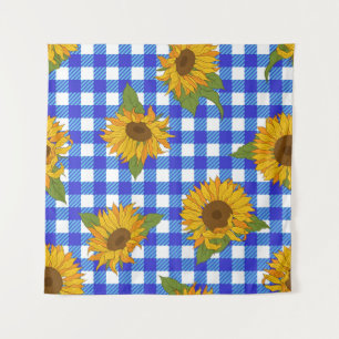 Bright sunflowers on a checkered background. Vinta Tapestry
