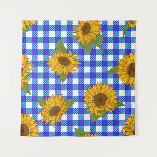 Bright sunflowers on a checkered background. Vinta Tapestry (Front)