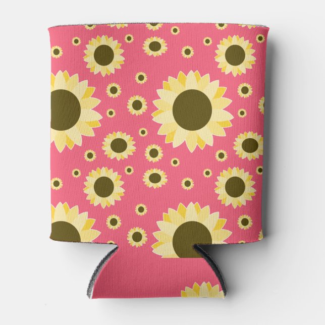 Bright Sunflowers on Pink Can Cooler (Front)