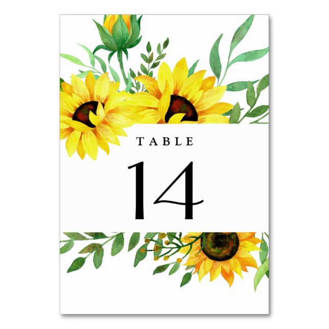 Bright Sunflowers Rustic Watercolor Floral Wedding Table Number (Front)