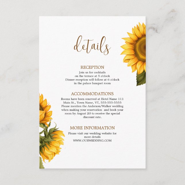Bright sunflowers wedding details minimalist enclosure card (Front)
