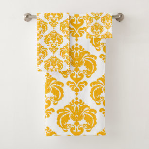 Bright Sunny Yellow & White Royal Glam Damask Bath Towel Set
