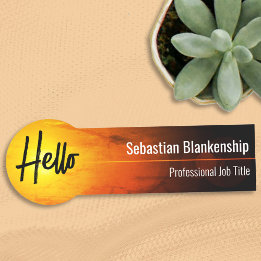 Bright Sunset Artwork Professional Hello Script Name Tag