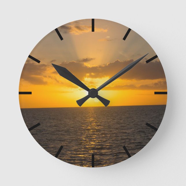 Bright Sunset on the Ocean Round Clock (Front)