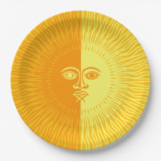 Bright Sunshine Yellow and Orange Sun with Face Paper Plate