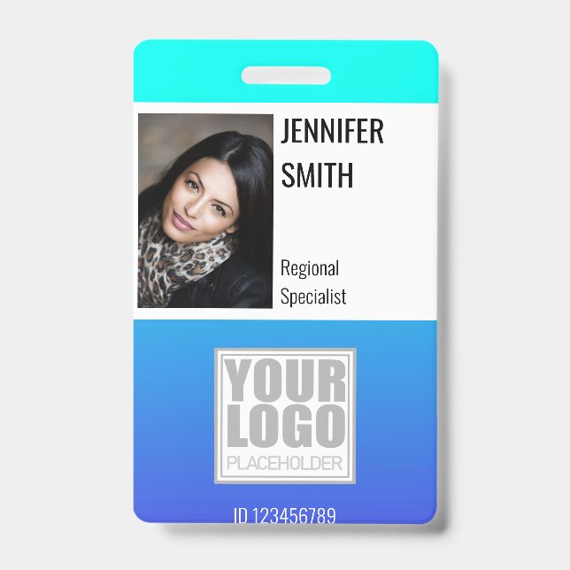 Bright Teal Aqua Ombre Logo Template Employee ID Badge (Front)