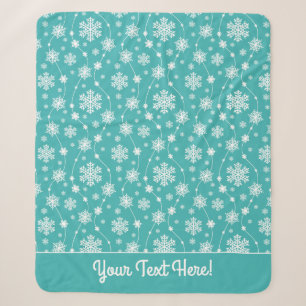 Bright Teal Blue Winter White Snowflake Pattern Sherpa Blanket