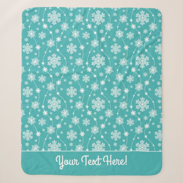 Bright Teal Blue Winter White Snowflake Pattern Sherpa Blanket (Front)