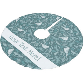 Bright Teal Green Winter White Bird Floral Pattern Brushed Polyester Tree Skirt