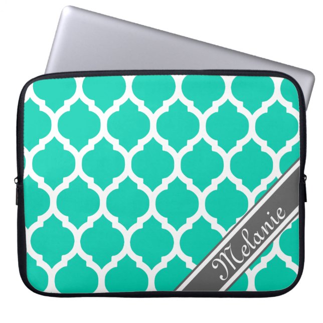 Bright Teal & Grey Lattice Custom Name Laptop Sleeve (Front)