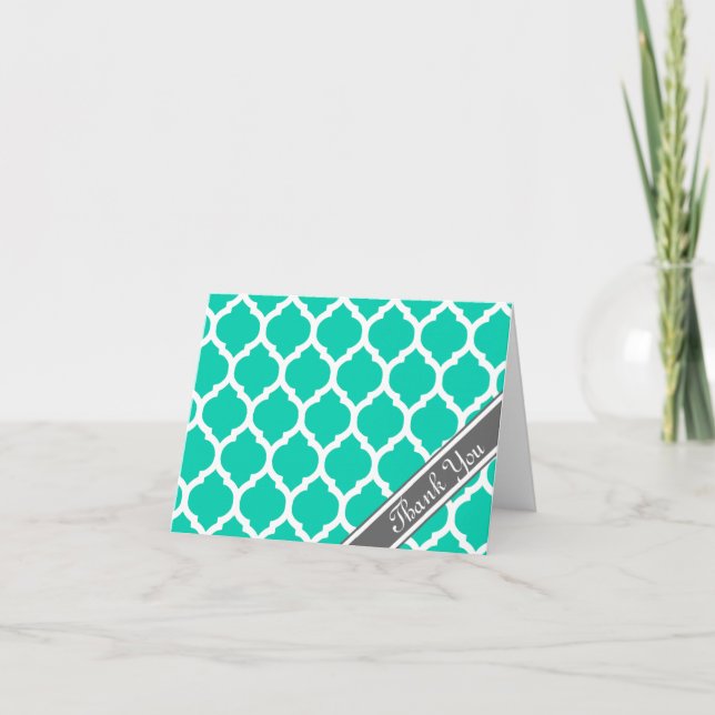 Bright Teal & Grey Lattice Thank You Card (Front)