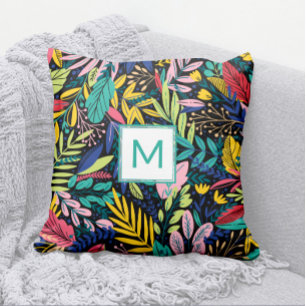 Bright Teal Monogram Modern Leaves Line Art Cushion