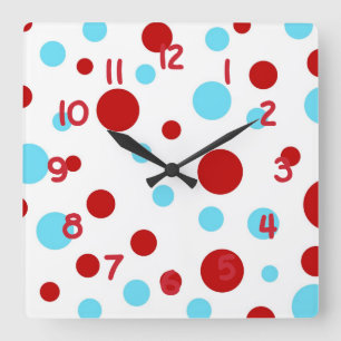 Bright Teal Turquoise Red White Polka Dots Pattern Square Wall Clock