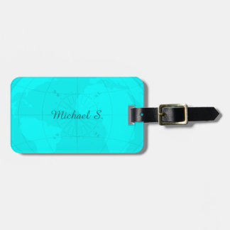 Bright Teal World Map with Compass Rose Monogram Luggage Tag