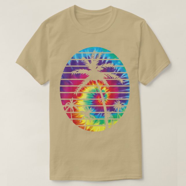 Bright Tie Dye With Palm Trees Beach Tropical Cool T-Shirt (Design Front)