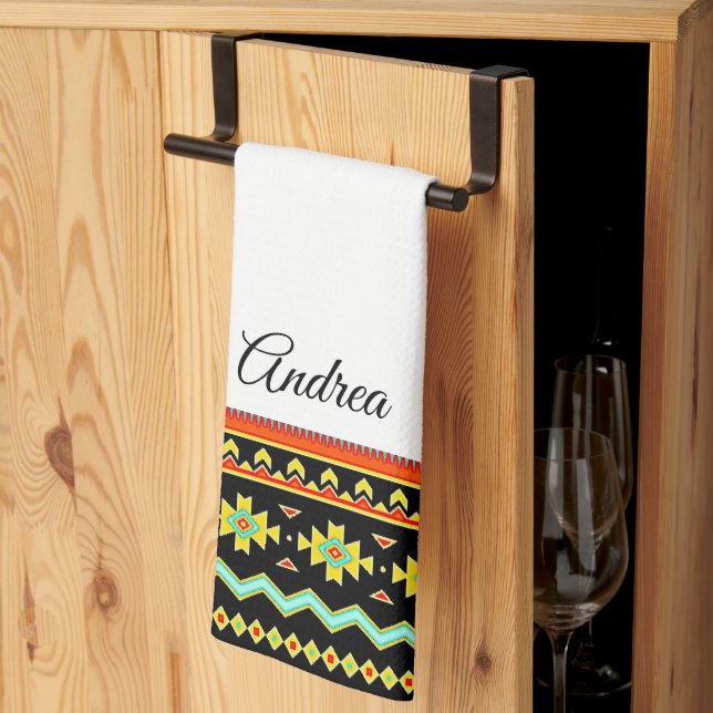 Bright tribal design personalised  tea towel (Thirds Fold)