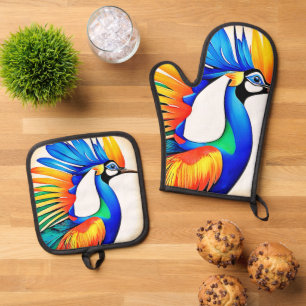 Bright Tropical Bird Oven Mitt & Pot Holder Set