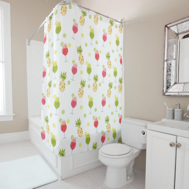 Bright Tropical Cocktail & Fruit Pattern Shower Curtain (In Situ)