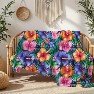 Bright Tropical Floral Fleece Blanket