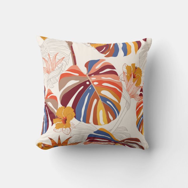 Bright Tropical Floral Hand Drawn Cushion (Front)