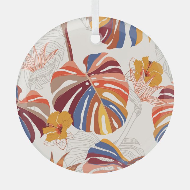 Bright Tropical Floral Hand Drawn Glass Tree Decoration (Front)