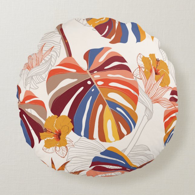 Bright Tropical Floral Hand Drawn Round Cushion (Front)
