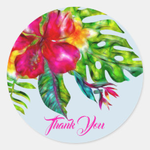 Bright Tropical Floral Hibiscus & Leaves Favour Classic Round Sticker