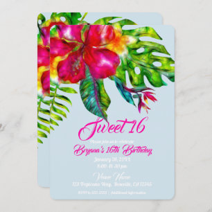 Bright Tropical Floral Hibiscus & Leaves Sweet 16 Invitation