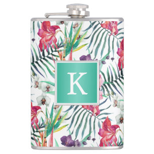Bright Tropical Floral Pattern with Monogram Hip Flask