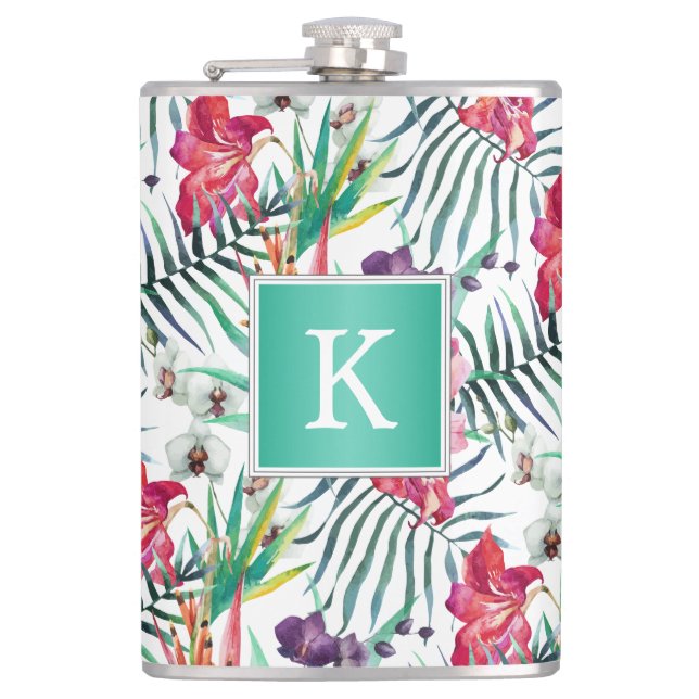 Bright Tropical Floral Pattern with Monogram Hip Flask (Front)