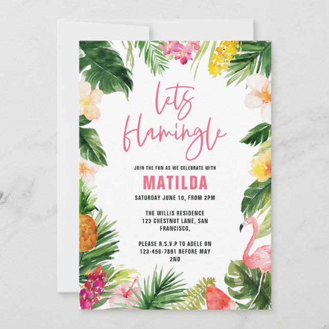 Bright tropical foliage lets flamingle birthday (Front)