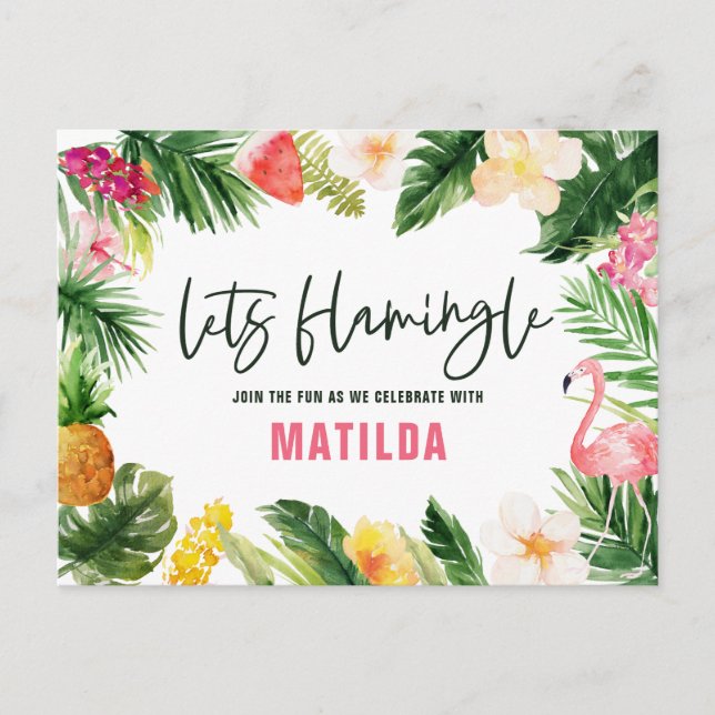 Bright tropical foliage lets flamingle birthday postcard (Front)