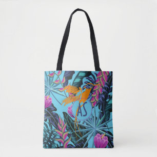 Bright Tropical Foliage Pattern with Hummingbird Tote Bag