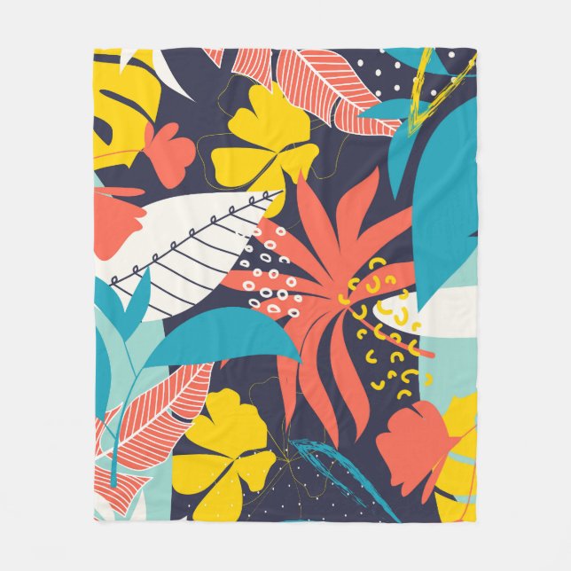 Bright Tropical Leaves Dark Pattern Fleece Blanket (Front)