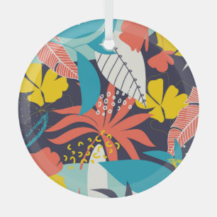 Bright Tropical Leaves Dark Pattern Glass Tree Decoration