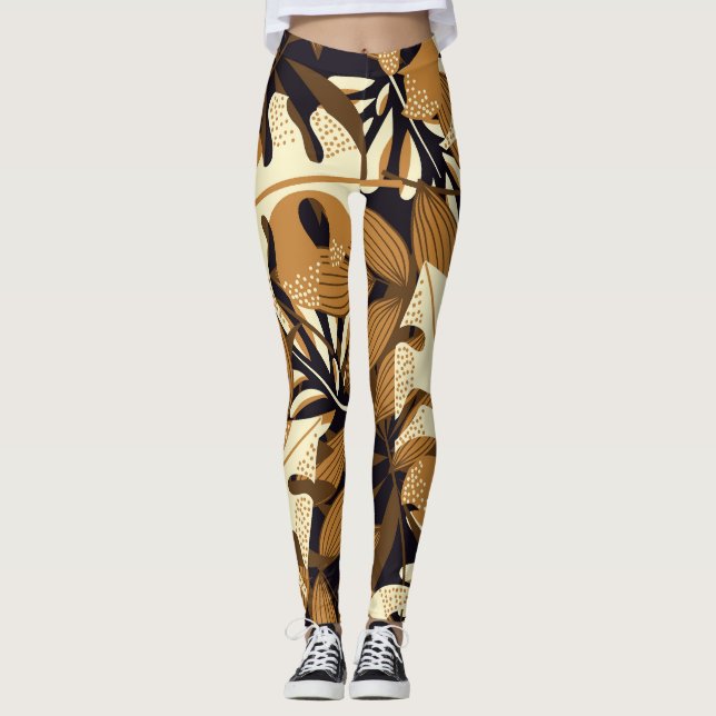 Bright Tropical Leaves Dark Pattern Leggings (Front)