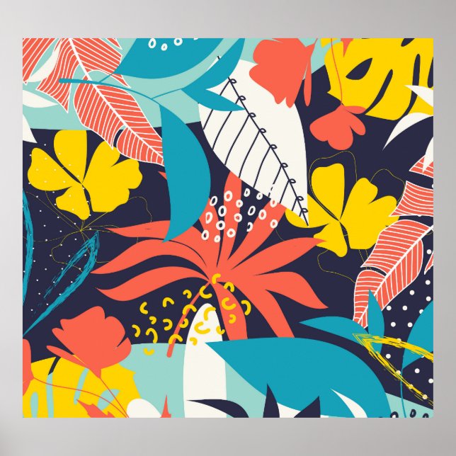 Bright Tropical Leaves Dark Pattern Poster (Front)