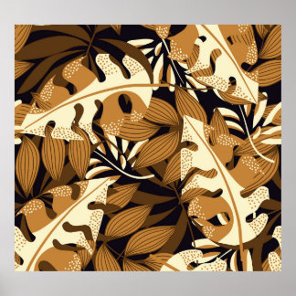 Bright Tropical Leaves Dark Pattern Poster