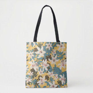 Bright Tropical Leaves Lily Pattern Tote Bag