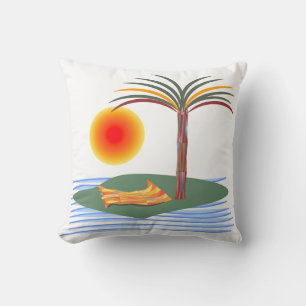 Bright Tropical Palm Tree, Sun and Waves Cushion