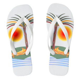 Bright Tropical Palm Tree, Sun and Waves Jandals