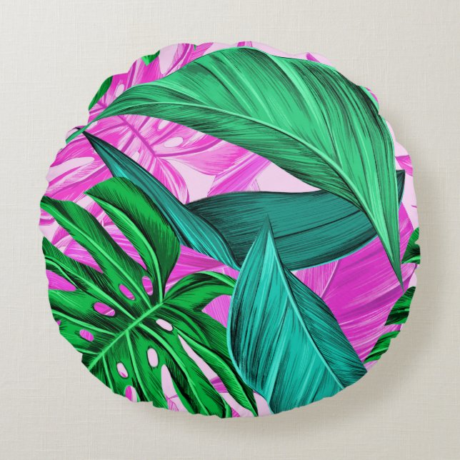 Bright Tropical Pink and Green Leaves Round Cushion (Front)