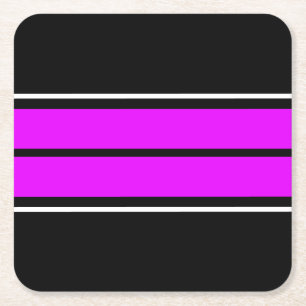 Bright Tropical Pink Black White Racing Stripes Square Paper Coaster