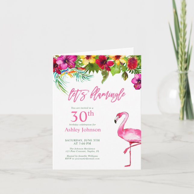 Bright Tropical Pink Let's Flamingo 30th Birthday Invitation (Front)