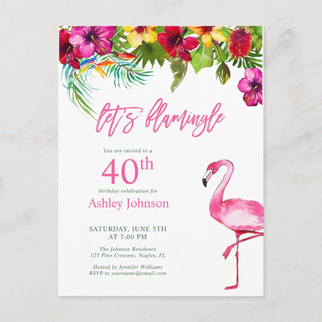 Bright Tropical Pink Let's Flamingo 40th Birthday Postcard (Front)