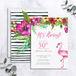 Bright Tropical Pink Let's Flamingo 50th Birthday Invitation<br><div class="desc">Set the tone for a fun, summery birthday celebration with this cute tropical "Let's Flamingle" party invitation! Featuring a bright, tropical watercolor floral drop of colourful hibiscus, bottle brush, bright bird of paradise, and palm foliage, followed by "Let's Flamingle" in flamingo pink. The card is personalised in text of matching...</div>