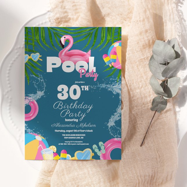 Bright Tropical pool party pink flamingo Invitation (Creator Uploaded)